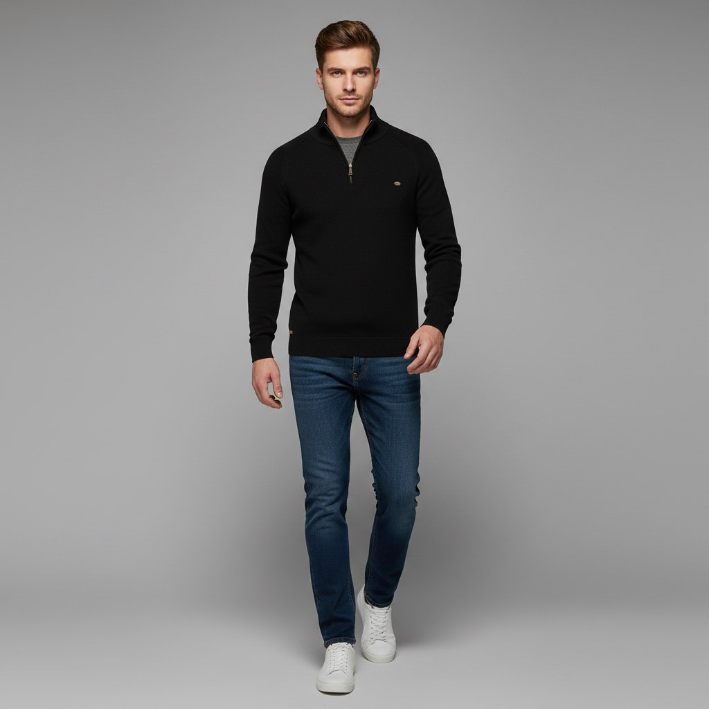 Maglione Nero Slim Fit Mezza Zip Uomo | Pullover Elegante